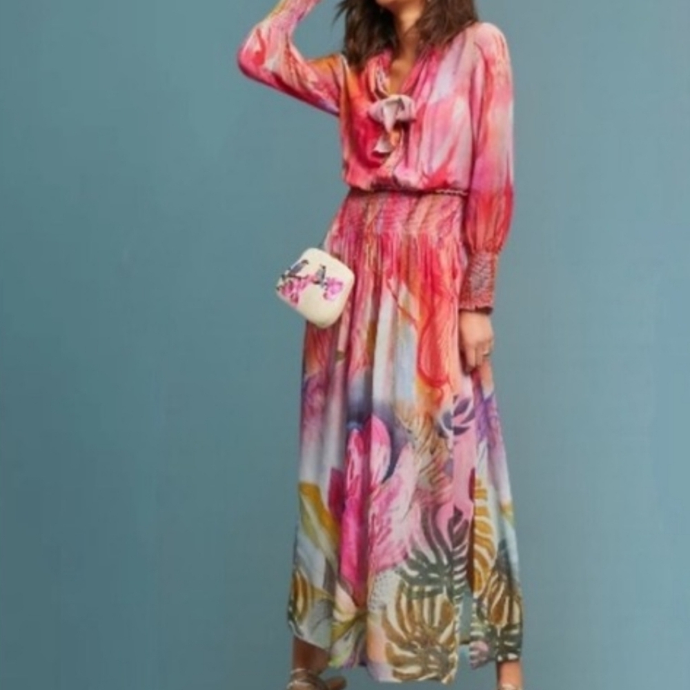 Anthropologie Blank London Watercolor Maxi Dress Pink Long Sleeve Smocked